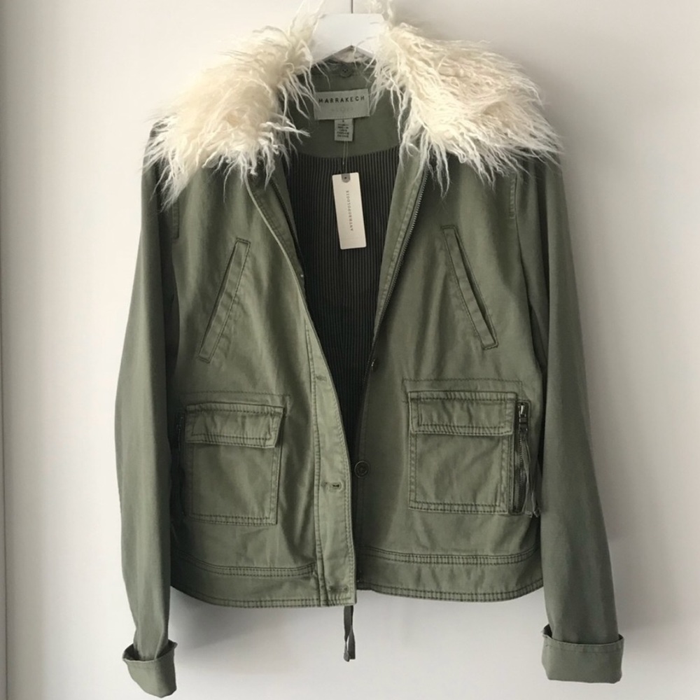 Anthropologie Green Jacket w Removable fur collar